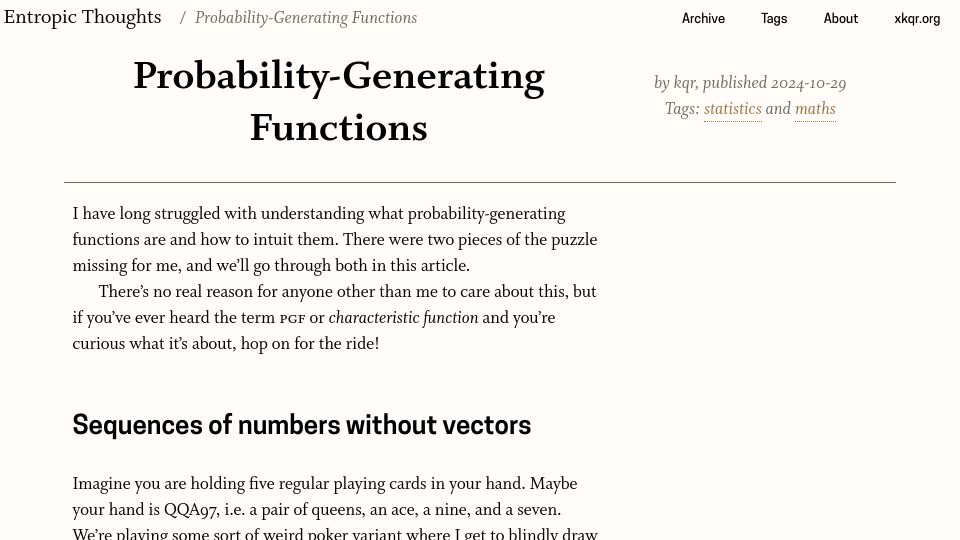 Screenshot of entropicthoughts.com: Probability-generating functions