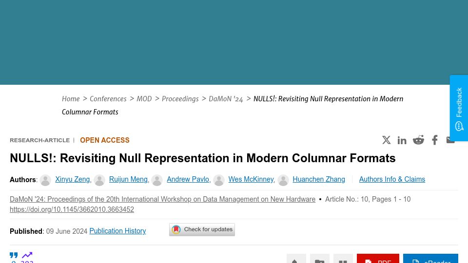Screenshot of dl.acm.org: Nulls: Revisiting null representation in modern columnar formats