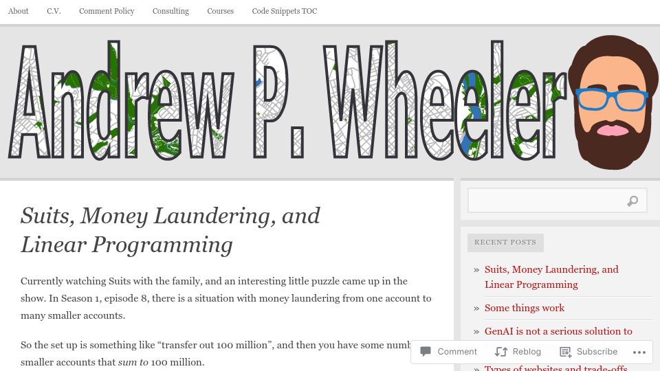 Screenshot of andrewpwheeler.com: Suits, money laundering, and linear programming