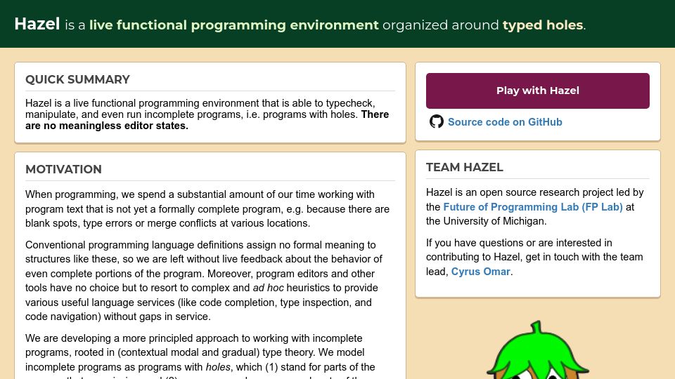 Screenshot of hazel.org: Hazel: A live functional programming environment featuring typed holes