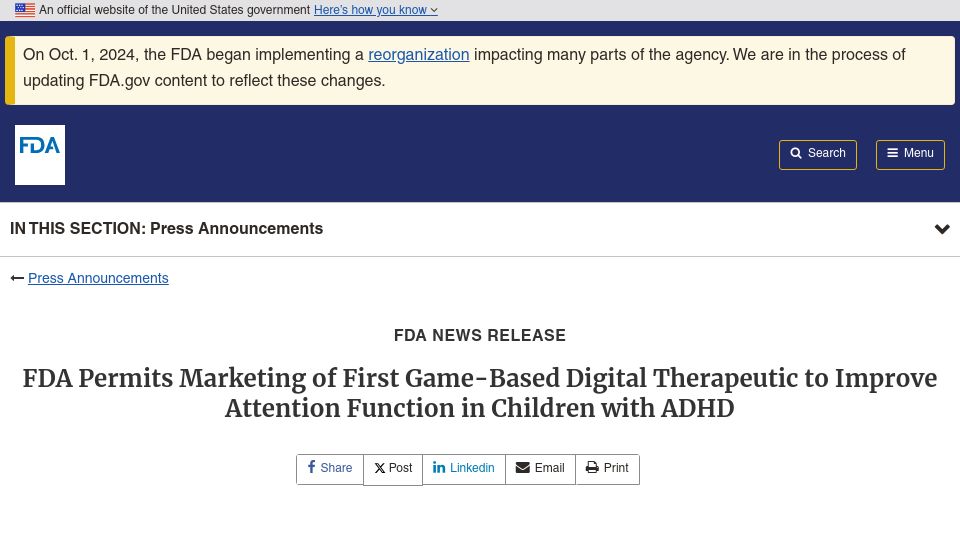 Screenshot of fda.gov: FDA Permits Marketing of Digital Game to Improve Attention in ADHD Children (2020)