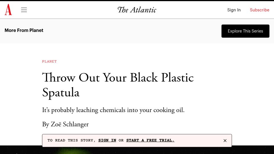 Screenshot of theatlantic.com: Cooking with black plastic is particularly crucial to avoid