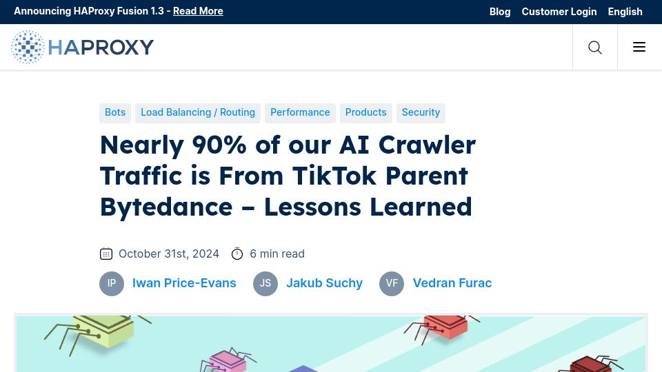 Screenshot of haproxy.com: Nearly 90% of our AI crawler traffic is from ByteDance