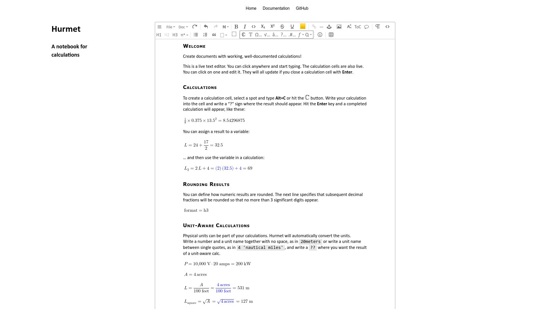 Screenshot of hurmet.org: Hurmet: A Notebook for Calculations