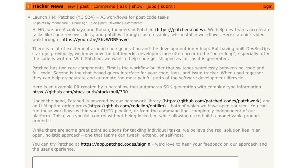 Screenshot of Hacker News post: Launch HN: Patched (YC S24) – AI workflows for post-code tasks