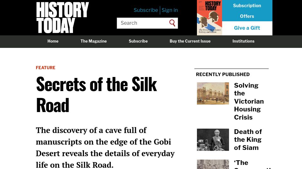 Screenshot of historytoday.com: Manuscripts reveal the details of everyday life on the Silk Road