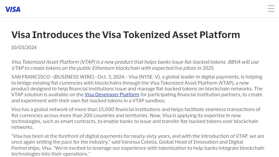 Screenshot of usa.visa.com: Visa Introduces the Visa Tokenized Asset Platform