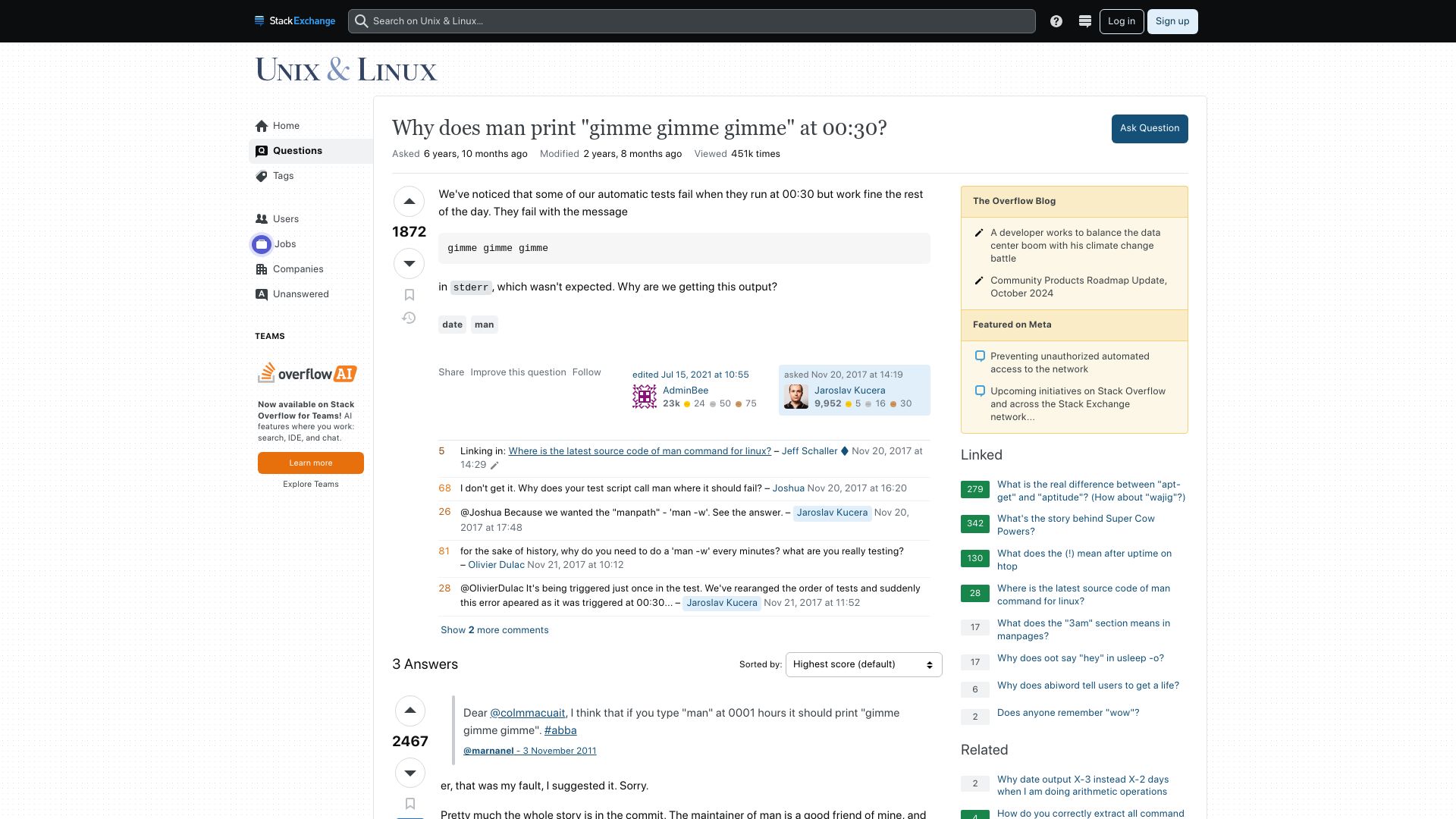 Screenshot of unix.stackexchange.com: Why does man print "gimme gimme gimme" at 00:30? (2017)