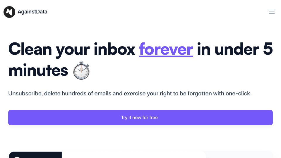 Screenshot of againstdata.com: Show HN: The Gmail unsubscribe tool with bulk deletion and personal data removal