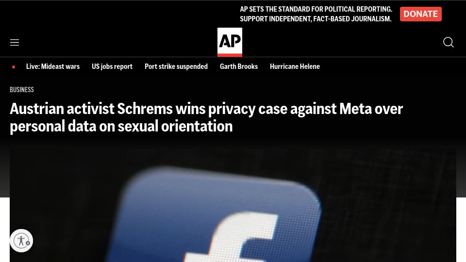 Screenshot of apnews.com: Max Schrems wins privacy case against Meta over data on sexual orientation
