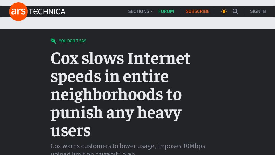 Screenshot of arstechnica.com: Cox slows Internet speeds in entire neighborhoods to punish any heavy users
