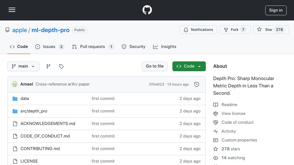 Screenshot of github.com: Depth Pro: Sharp monocular metric depth in less than a second