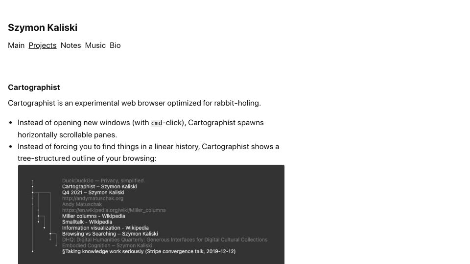 Screenshot of szymonkaliski.com: Experimental web browser optimized for rabbit-holing