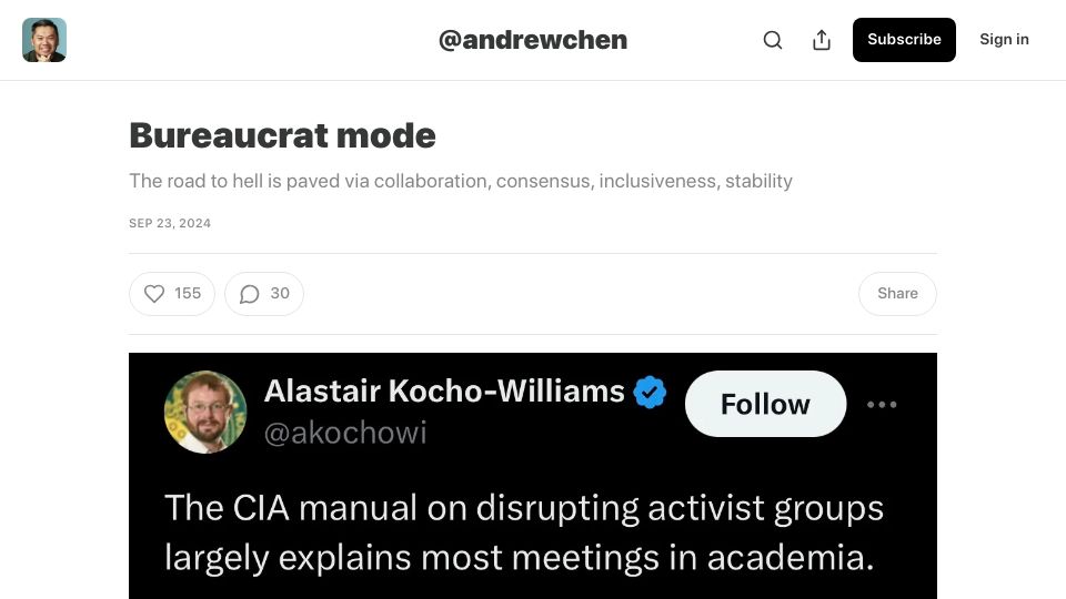 Screenshot of andrewchen.substack.com: Bureaucrat Mode
