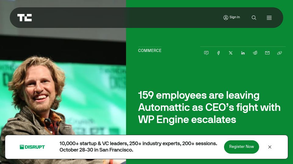 Screenshot of techcrunch.com: Some Automattic employees accept severance package offer