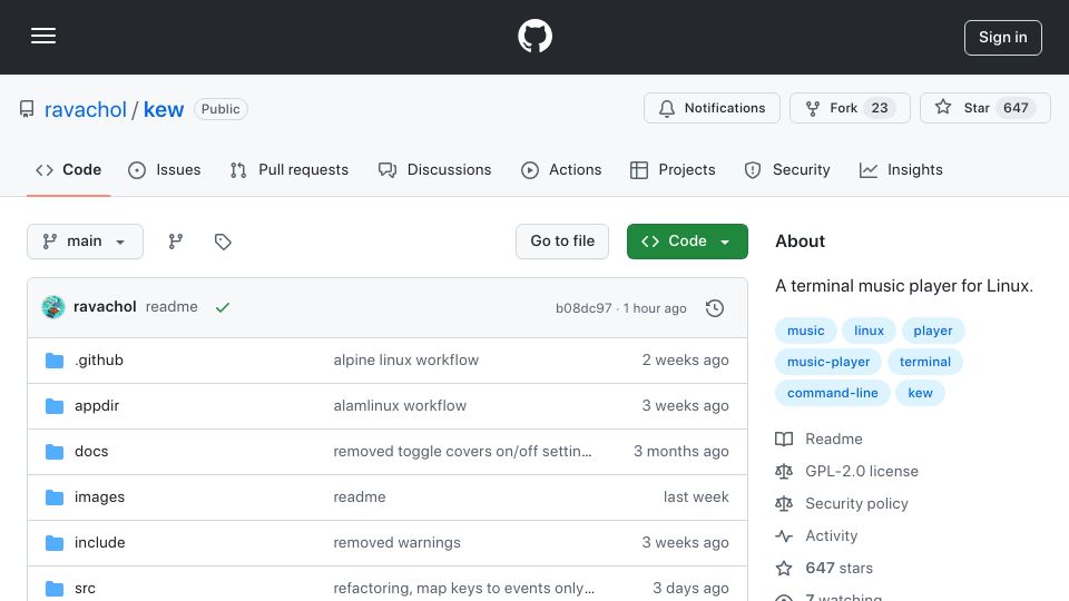Screenshot of github.com: Show HN: kew – A Terminal Music Player for Linux