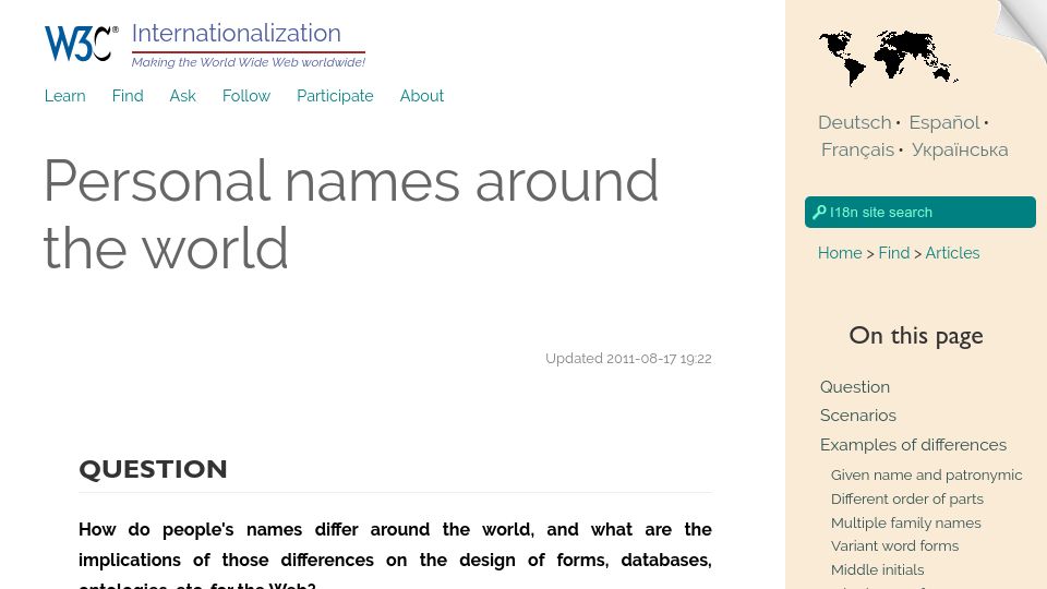 Screenshot of w3.org: Personal Names Around the World (2011)
