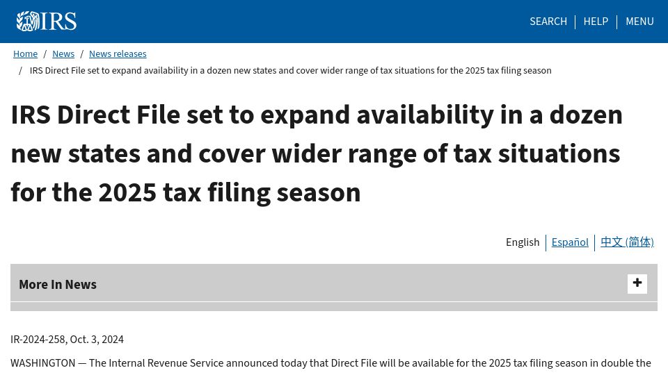 Screenshot of irs.gov: IRS Direct File adds 12 additional states, covers more tax situations in 2025