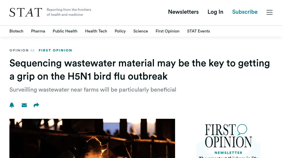 Screenshot of statnews.com: Sequencing wastewater may be key to getting a grip on the H5N1 bird flu outbreak