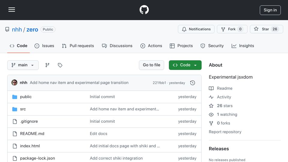 Screenshot of github.com: Show HN: Zero – DX focused non framework to interact with the DOM
