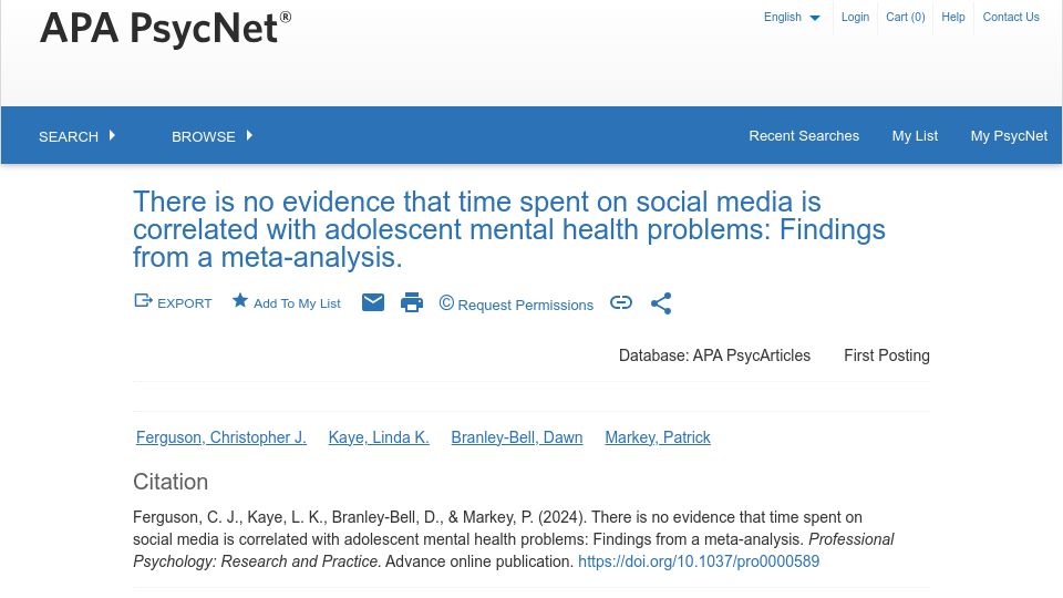Screenshot of psycnet.apa.org: No evidence social media time is correlated with teen mental health problems