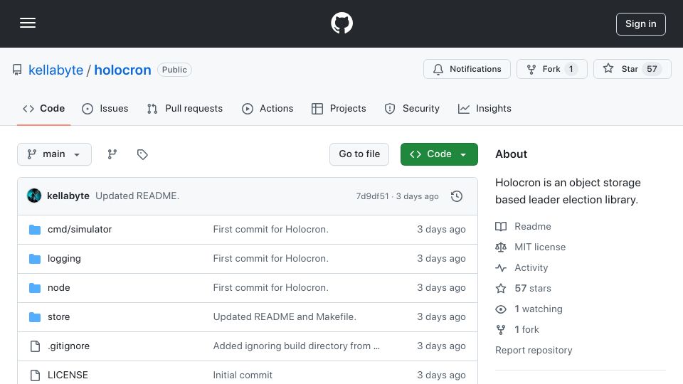 Screenshot of github.com: Holocron is an object storage based leader election library