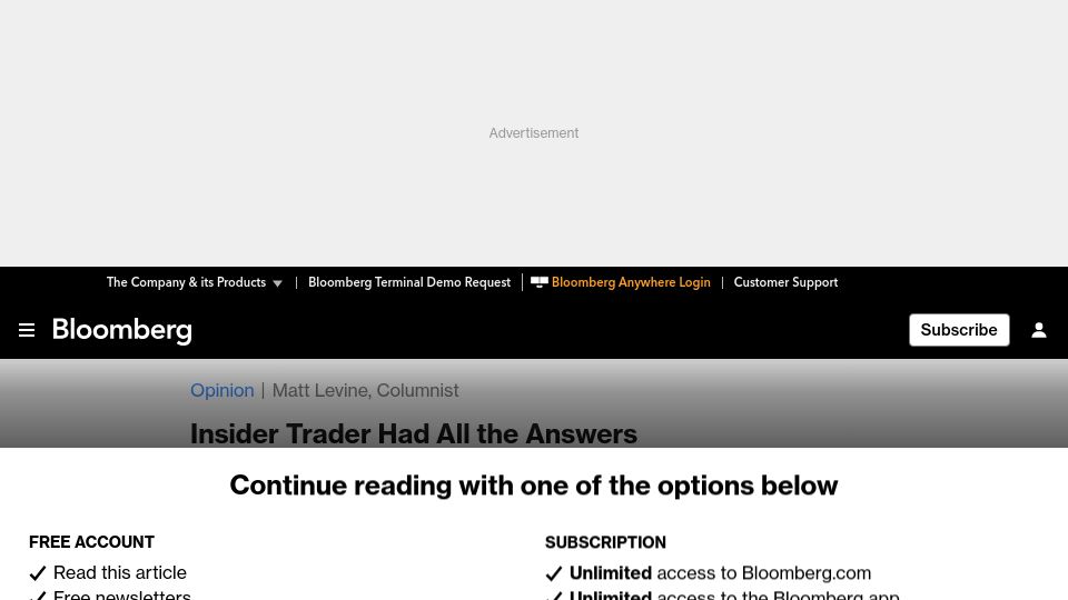 Screenshot of bloomberg.com: Insider trader had all the answers