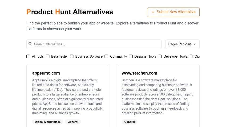 Screenshot of phalternatives.com: Show HN: I built a list of Product Hunt alternatives for indie founders