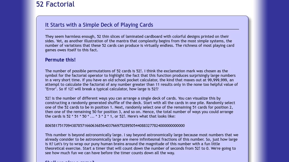 Screenshot of czep.net: 52 Factorial
