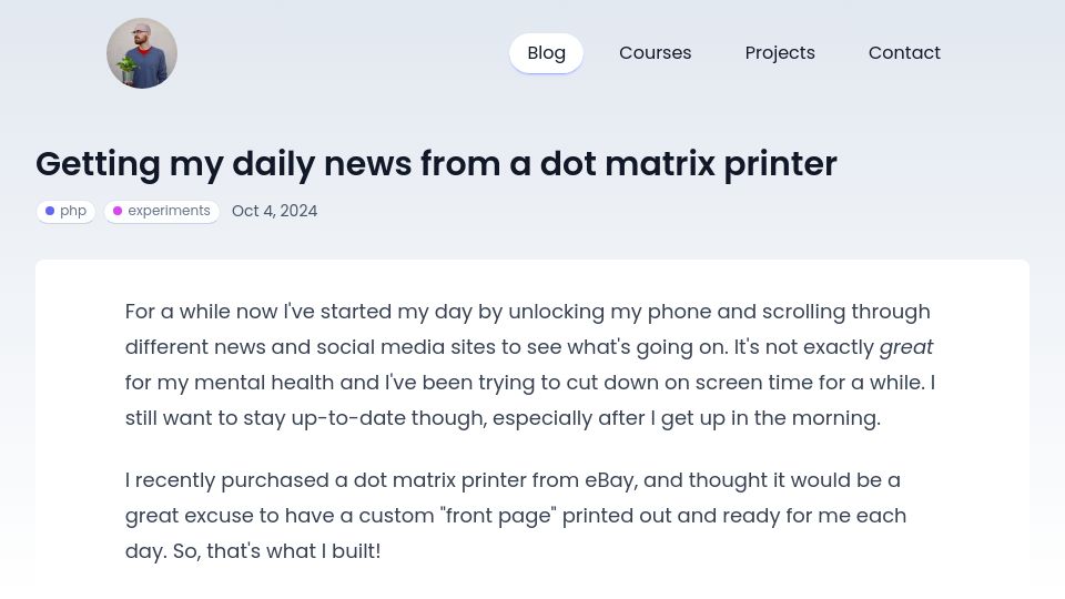 Screenshot of aschmelyun.com: Getting my daily news from a dot matrix printer