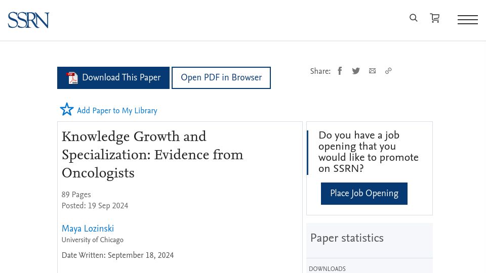 Screenshot of papers.ssrn.com: Knowledge Growth and Specialization: Evidence from Oncologists
