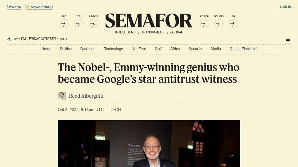 Screenshot of semafor.com: Paul Milgrom, a Nobel and Emmy winner who became Google’s antitrust witness