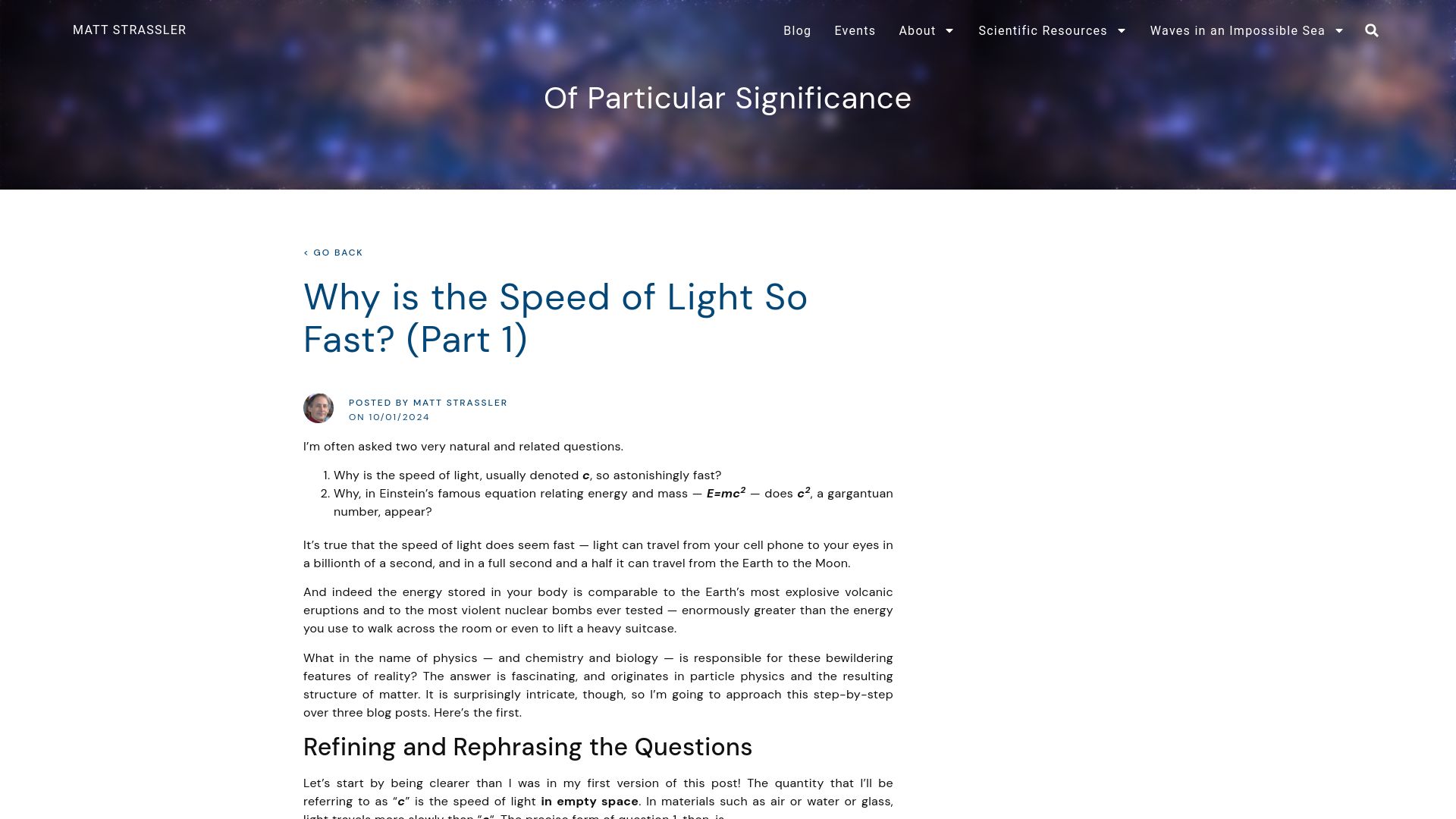 Screenshot of profmattstrassler.com: Why Is Light So Fast?
