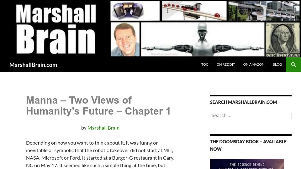 Screenshot of marshallbrain.com: Manna – Two Views of Humanity's Future (2003)