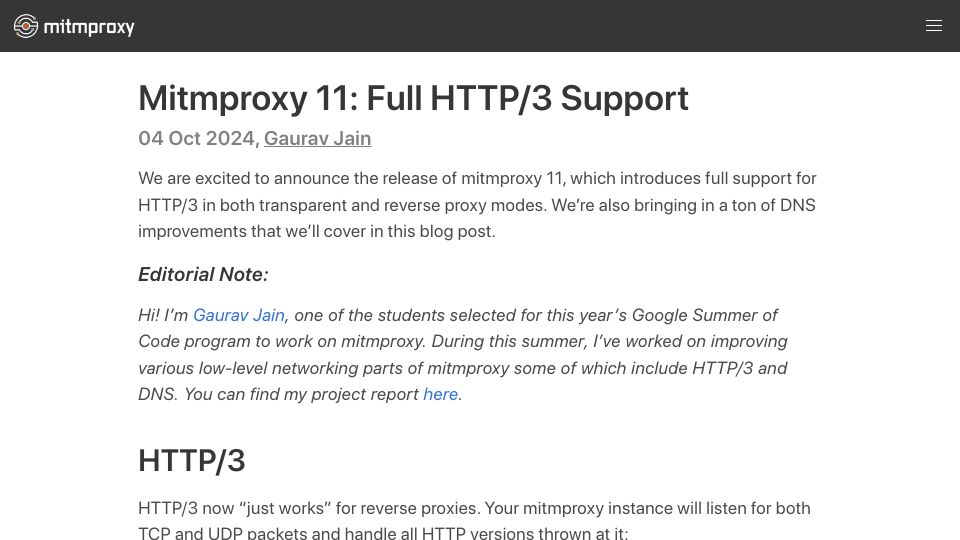 Screenshot of mitmproxy.org: Mitmproxy 11: Full HTTP/3 Support