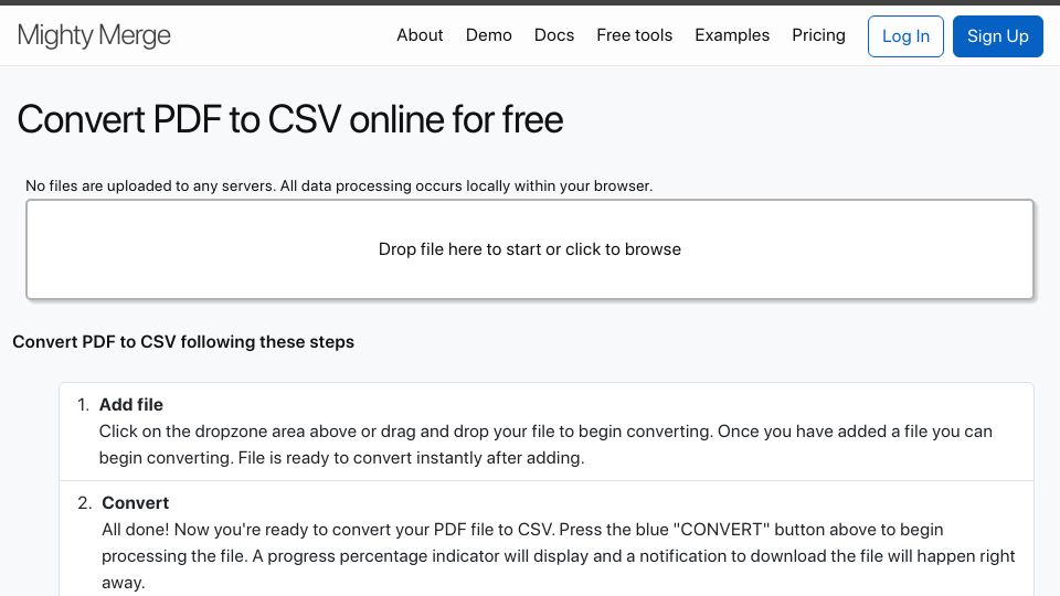 Screenshot of mightymerge.io: Show HN: A pretty decent PDF to CSV converter