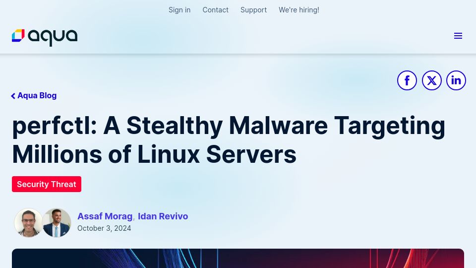 Screenshot of aquasec.com: Perfctl: Stealthy malware targeting Linux servers