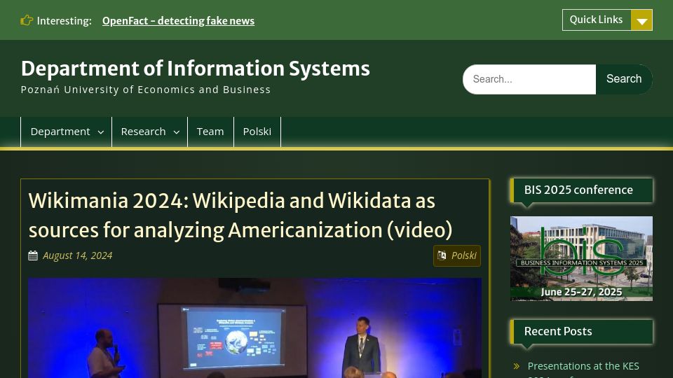 Screenshot of kie.ue.poznan.pl: Wikipedia and Wikidata as sources for analyzing Americanization