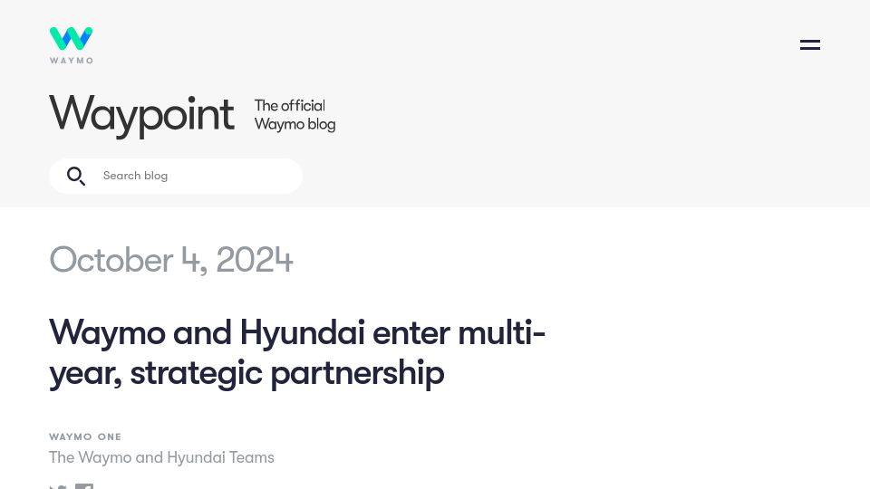 Screenshot of waymo.com: Waymo and Hyundai enter multi-year, strategic partnership