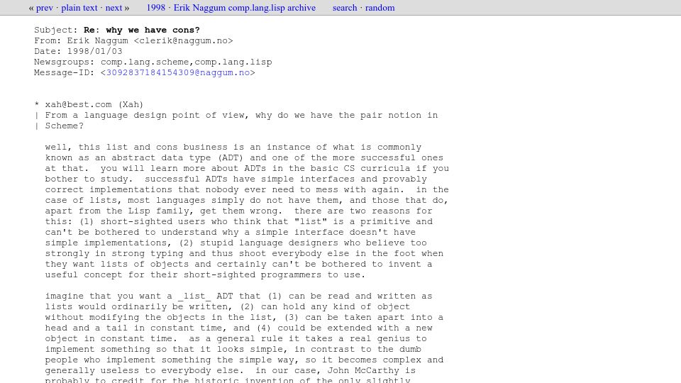 Screenshot of xach.com: Why does Lisp use cons cells? (1998)