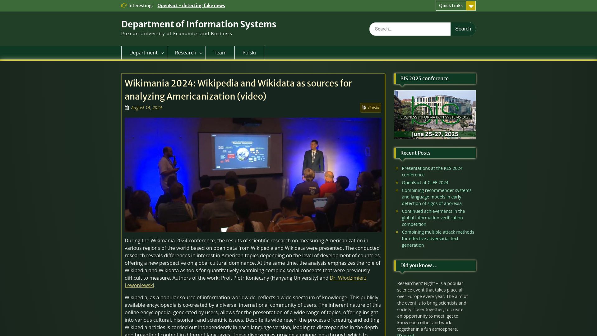 Screenshot of kie.ue.poznan.pl: Wikipedia and Wikidata as sources for analyzing Americanization