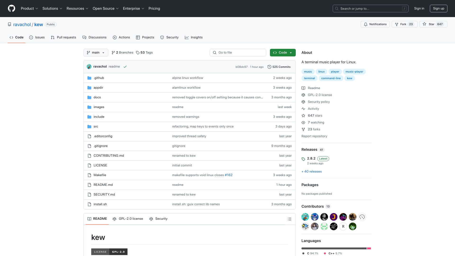 Screenshot of github.com: Show HN: kew – A Terminal Music Player for Linux