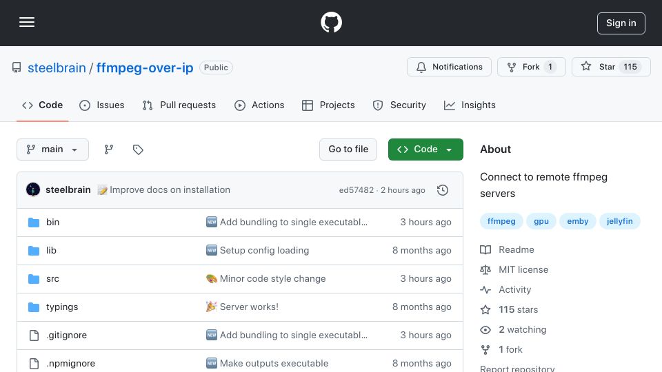 Screenshot of github.com: Show HN: FFmpeg-over-IP – Connect to remote FFmpeg servers