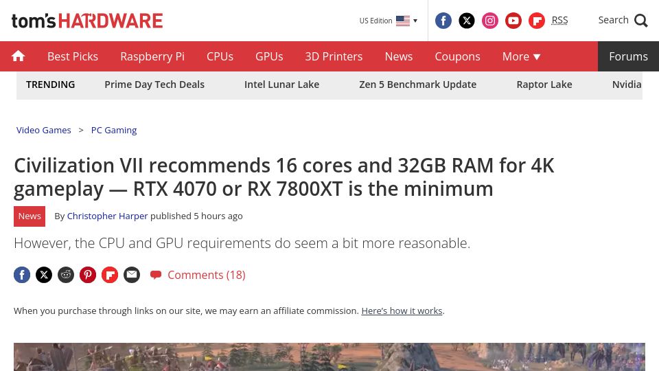 Screenshot of tomshardware.com: Civilization VII recommends 16 cores and 32GB RAM for 4K gameplay