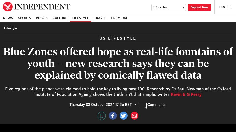 Screenshot of independent.co.uk: New research says "blue zones" can be explained by flawed data