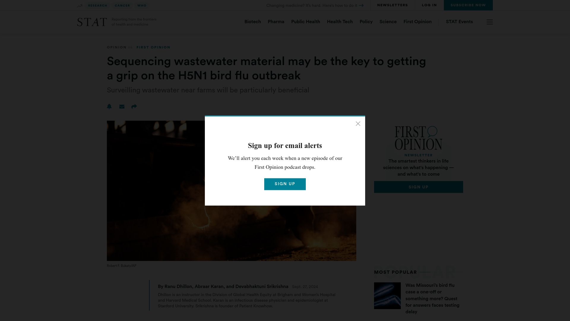 Screenshot of statnews.com: Sequencing wastewater may be key to getting a grip on the H5N1 bird flu outbreak