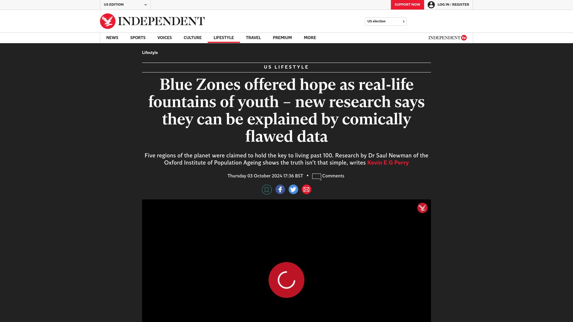 Screenshot of independent.co.uk: New research says "blue zones" can be explained by flawed data