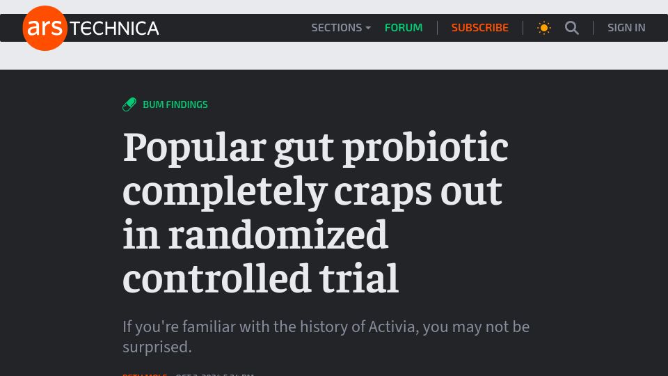 Screenshot of arstechnica.com: Popular gut probiotic craps out in randomized controlled trial
