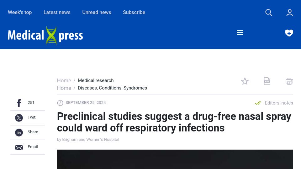 Screenshot of medicalxpress.com: Studies suggest a drug-free nasal spray could ward off respiratory infections