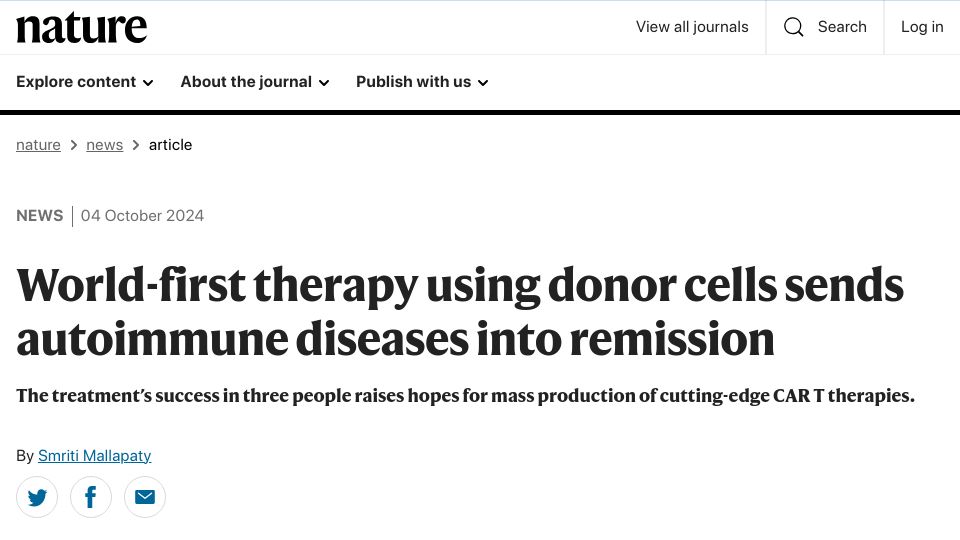 Screenshot of nature.com: World-first therapy using donor cells sends autoimmune diseases into remission